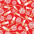 Christmas light garland and snowflakes seamless pattern. Red and gold festive holiday background great . Vector Royalty Free Stock Photo