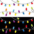 Christmas light set. Holiday festive xmas decoration. Colorful string fairy lights. Lightbulb glowing garland template. Rainbow