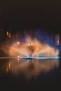 Christmas light show in the form of the Swan Dance on the water canal in the historic district in Bruges, Belgium. Romantic scene Royalty Free Stock Photo