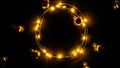 Christmas lights border. Golden light garland decoration, gold bulb isolated on black for xmas party ornament decor Royalty Free Stock Photo