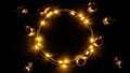 Christmas lights border. Golden light garland decoration, gold bulb isolated on black for xmas party ornament decor Royalty Free Stock Photo