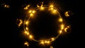 Christmas lights border. Golden light garland decoration, gold bulb isolated on black for xmas party ornament decor Royalty Free Stock Photo