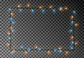 Christmas lights border vector, light string frame isolated on dark background with copy space. Tran Royalty Free Stock Photo