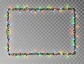 Christmas lights border vector, light string frame isolated on dark background with copy space. Tran