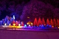 Christmas lights on chapel and trees