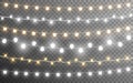 Christmas lights collection. Gold and silver garlands. Realistic luminous elements on transparent backdrop. Light bulbs