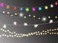 Christmas lights. Colorful Xmas garland. Vector red, yellow, blue and green glow light bulbs on wire strings isolated Royalty Free Stock Photo