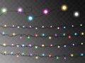 Christmas lights. Colorful Xmas garland. Vector red, yellow, blue and green glow light bulbs on wire strings isolated Royalty Free Stock Photo