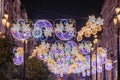 Christmas lights decoration in Constitution Avenue, Avenida de la Constitucion, around Seville Cathedral at christmas time, Royalty Free Stock Photo