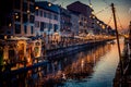 Christmas lights and floating nativity scene at Navigli Milano Italy winter xmas time