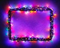 Christmas lights frame on snow background, purple color
