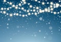 Christmas lights with glittering falling snowflakes on night sky background. Xmas glowing garland. Christmas snowfall.