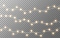 Christmas lights. Gold glowing garland on transparent background. Realistic light bulbs decoration. Bright luminous