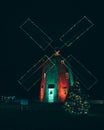 Christmas lights on Hook Windmill at night, East Hampton, New York