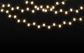 Christmas lights isolated on dark backdrop. Realistic light bulbs. Glowing wire with bright lights. Party garland with