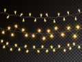 Christmas lights isolated on dark transparent background. Glowing golden garland lights. Led neon lamp. Bright Royalty Free Stock Photo