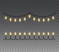 Christmas lights isolated realistic design elements. Glowing lights for christmas Holiday greeting card design. Garlands,