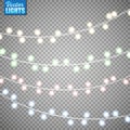 Christmas lights isolated on transparent background. Set of golden xmas glowing garland. Vector illustration Royalty Free Stock Photo