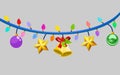 Christmas lights and New Year on Gray background with festive decoration Vector red, yellow,blue, green, baubles, star, and ribbon Royalty Free Stock Photo