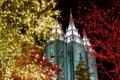 Christmas lights outside historic temple in Utah