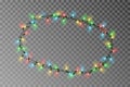 Christmas lights oval border vector, light string frame isolated on background with copy space. Transparent decorative garland.