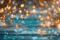 christmas lights over snow on wooden background Royalty Free Stock Photo