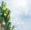 Christmas lights and pine branches and snow. Winter. Christmas. Blue festive winter background Royalty Free Stock Photo