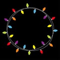 Christmas lights round frame. Holiday festive xmas decoration. Colorful string fairy light set. Lightbulb glowing garland. Rainbow