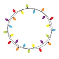 Christmas lights round frame. Holiday festive xmas decoration. Colorful string fairy light set. Lightbulb glowing garland. Rainbow Royalty Free Stock Photo