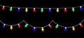 Christmas lights set. Colorful string fairy light. Cartoon holiday festive xmas decoration. Lightbulb glowing garland line. Royalty Free Stock Photo