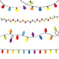 Christmas lights set. Holiday festive xmas decoration. Four lightbulb glowing garland. Colorful string fairy light Rainbow color. Royalty Free Stock Photo