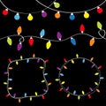 Christmas lights set. Lightbulb glowing garland. Colorful string fairy light. Round and square empty frame. Holiday festive round