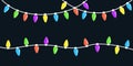 Christmas lights set. Lightbulb glowing garland line. Colorful string fairy light. Cartoon holiday festive xmas decoration. Royalty Free Stock Photo
