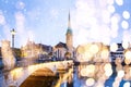 christmas lights and snow in Zurich city center with famous Fraumunster and Grossmunster Churches and river Limmat at Lake Zurich