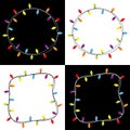 Christmas lights square and round frame set. Colorful string fairy light set. Holiday festive xmas decoration. Lightbulb glowing