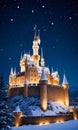 Christmas Lights And Stars Illuminating A Snowy Castle, At Night. Generative AI