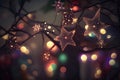 Christmas Lights - Stars String Hanging At Fir Branches. Illustration AI Generative Royalty Free Stock Photo