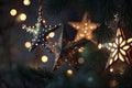 Christmas Lights - Stars String Hanging At Fir Branches. Illustration AI Generative Royalty Free Stock Photo