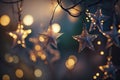 Christmas Lights - Stars String Hanging At Fir Branches. Illustration AI Generative Royalty Free Stock Photo