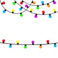 Christmas lights string. Colorful fairy light set. Holiday festive xmas decoration. Lightbulb glowing garland. Round cone shape.