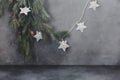 Christmas lights and twigs on dark rustic background with copy space Royalty Free Stock Photo