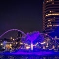 Christmas lights water fountain blue holiday Long Beach California night time Royalty Free Stock Photo