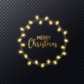 Christmas lights wreath with hand lettering Merry Christmas. Glowing gold xmas garland. Luxury frame. Holiday design for Royalty Free Stock Photo