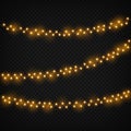 Christmas lights. Xmas realistic glowing golden light holiday decoration. Garland with lightbulbs. Isolated vector set