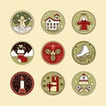 Christmas Line art Icon Set with Ginger, Snow House, Angel, Sock, Mistletoe, Skate, Gifts, Hat, Mittens and Candle in Royalty Free Stock Photo