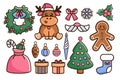 Christmas line icon set. Color linear Doodle icons isolated. Cute reindeer in santa hat, Christmas tree, wreath with jingle bells Royalty Free Stock Photo