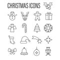 Christmas line icon set vector. holiday season outline symbol. gift, snowman, tree, sock, snow, deer, angel, bell, candy, santa,