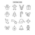 Christmas line icon set vector. holiday season outline symbol. gift, snowman, tree, sock, snow, deer, angel, bell, candy, santa,