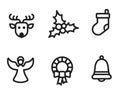 christmas line icons. deer, angel, star, holly berry, bell, christmas wreath and sock. images for winter holiday design