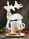 Christmas Linzer Cookies and cup of hot chocolate Royalty Free Stock Photo